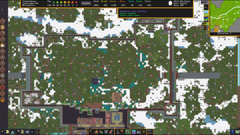 Dwarf Fortress on a 1080p monitor, zoomed out as far as it goes, showing the lower level of a (partiall constructed) castle with bastions and an partial dry moat, in a snow taiga forest with a frozen stream running west to east