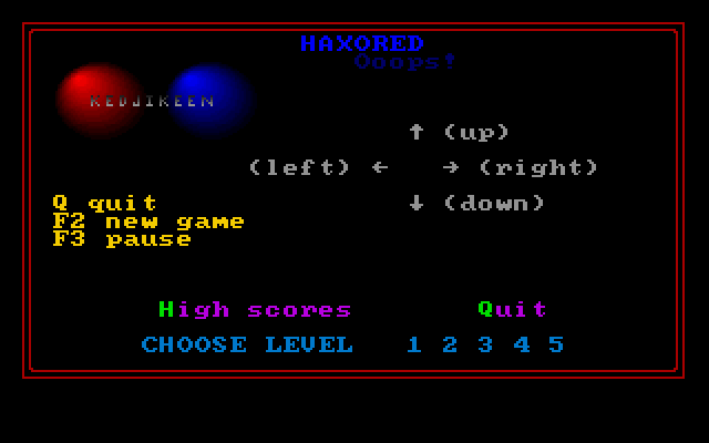 A QBasic Pac-Man game, but instead of saying ‘PAC-MAN By Eric Davidson’ it says "HAXORED Ooops"