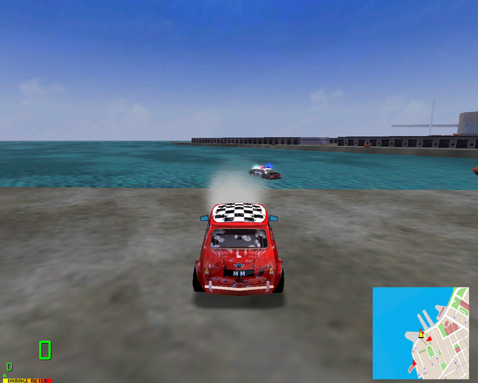 Midtown Madness 2 screenshot, in which a cop car has fallen into the sea in the San Franscisco map