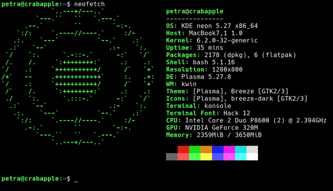 Neofetc results for ‘crabapple’, a Macbook 7,1 running KDE Neon