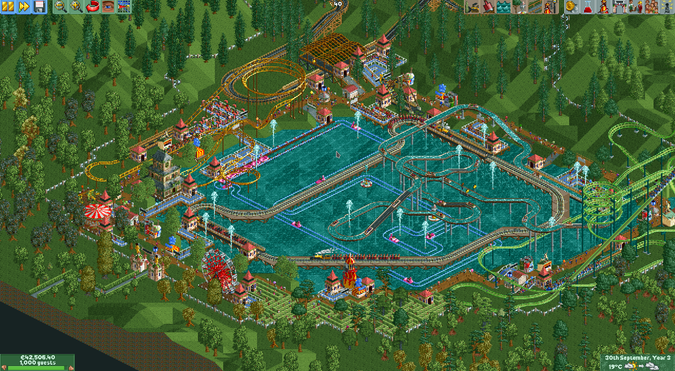 OpenRCT2: Leafy Lake near the 3 year deadline with 1.000 guest in park - but not a very interesting park save for a small tangle of rides over the lake