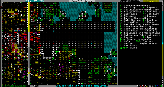 Dwarf fortress screenshot of the far west of my fort; some dwarfs are filtering back in over a bridge after passing through a field of goblin and troll corpses