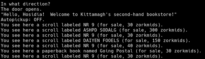 Text from a “second-hand bookstore” in Nethack, showing a bunch of scroll descriptions and.. Going Postal?