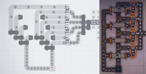 These two collections of components split a steady stream of circle shapes into halves, group each half separately, and then dump both streams into a hole. The original game (left) required additional components to split and merge belts, while the new game (right) does the same thing naturally and transparently.